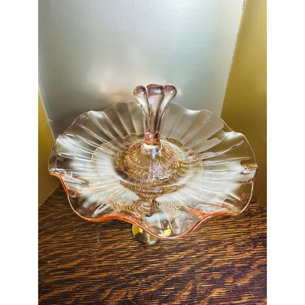 Vintage Anchor Hocking Pink Depression Glass Center Handle Candy Dish, 1930s